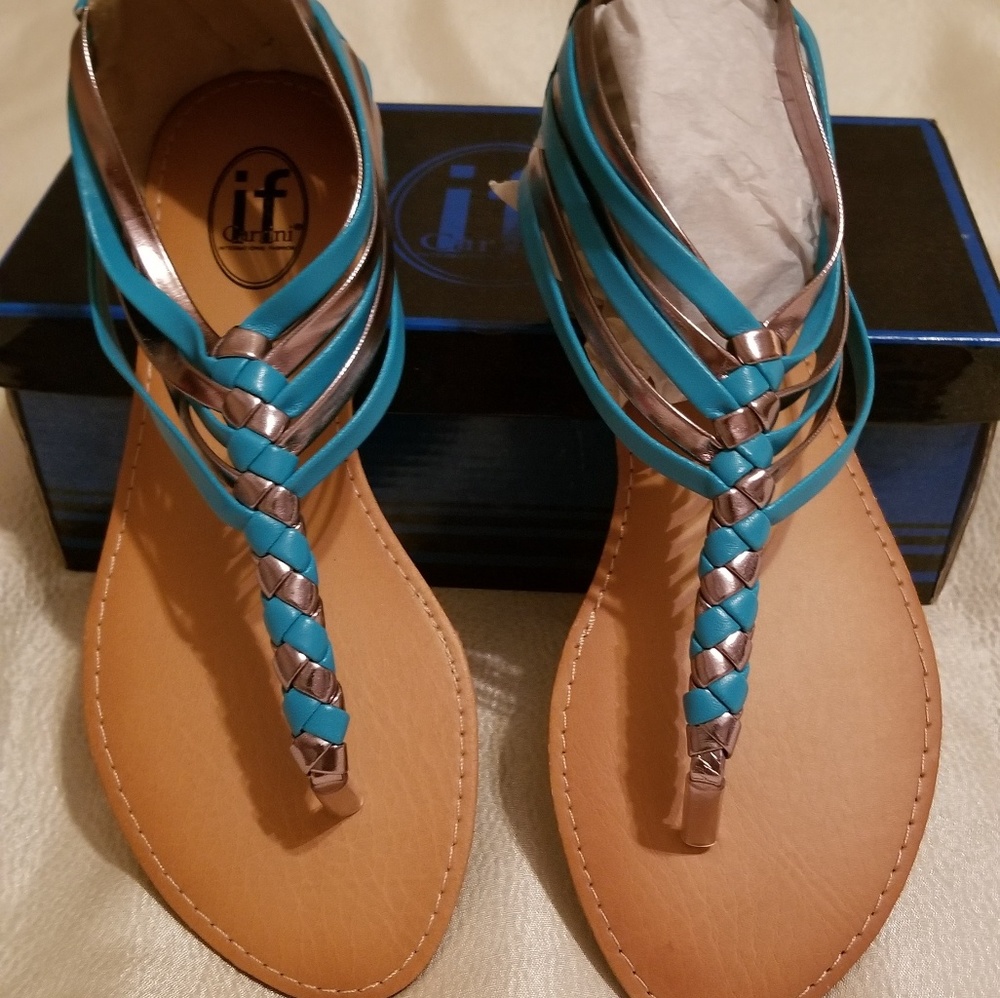 Turquoise and pewter flat sandals